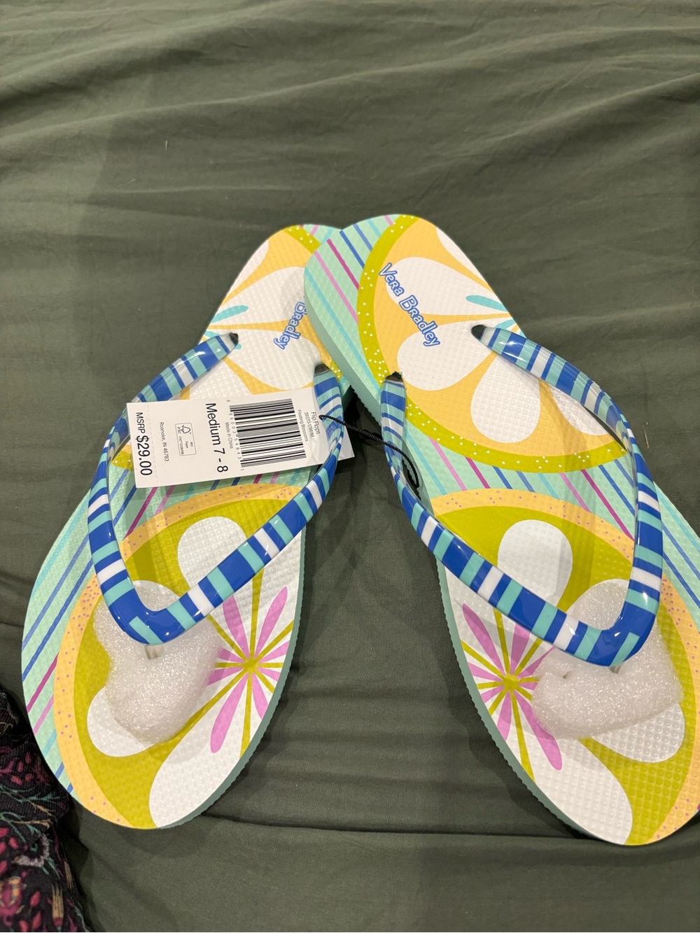 Vera Bradley Striped Blue-Accented Floral Flip Flops